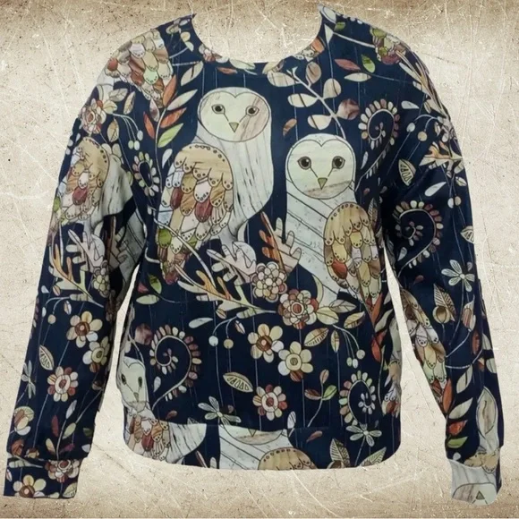 Owls in the Forest Women’s Blouse NWOT 95% Poly/40% Spandex, crewneck, wide hem. - Picture 2 of 7